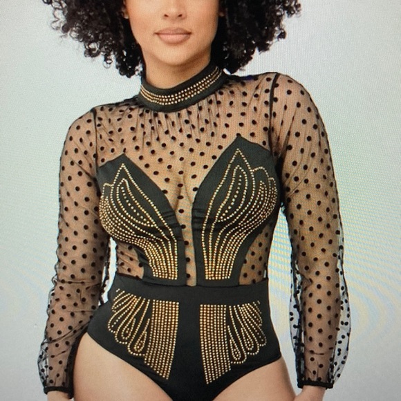 Last 1 Black Gold Studded Bodysuit Corset Silhouette Delicate Swiss Dot Large - Picture 1 of 10